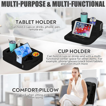 Couch Cup Holder Tray Pillow - Bed, Couch Caddy, Sofa, RV & Car - Holds Drinks, Snacks, Remotes, Phones, Kindle, Tablet | Bed Cup Holder (Grey)