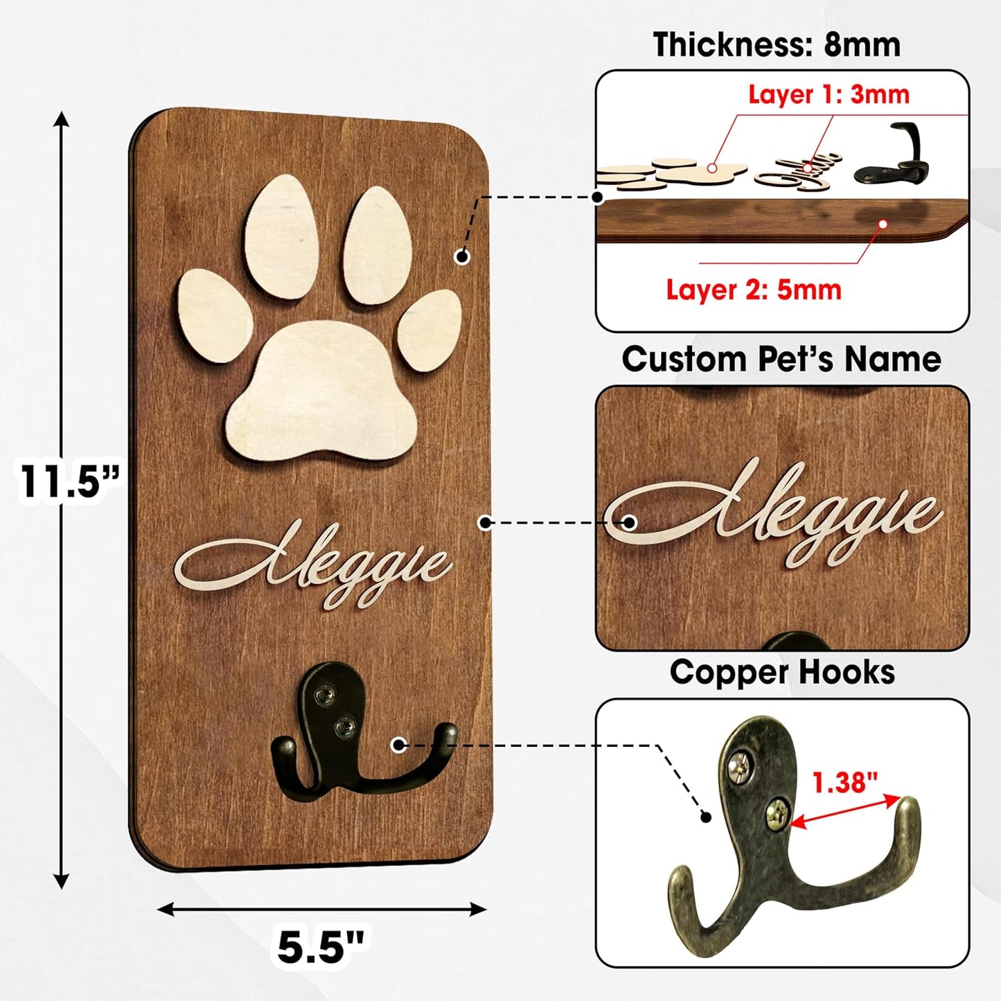 Dog Leash Holder Wall Mount, Pet Harness Hanger with Scrabble Letters, Dog Collar Organizer for Entryway, Memorial Cat Leash Holder for Wall, Pet Loss Gifts, Keepsake, Home Decor PF212-NAT