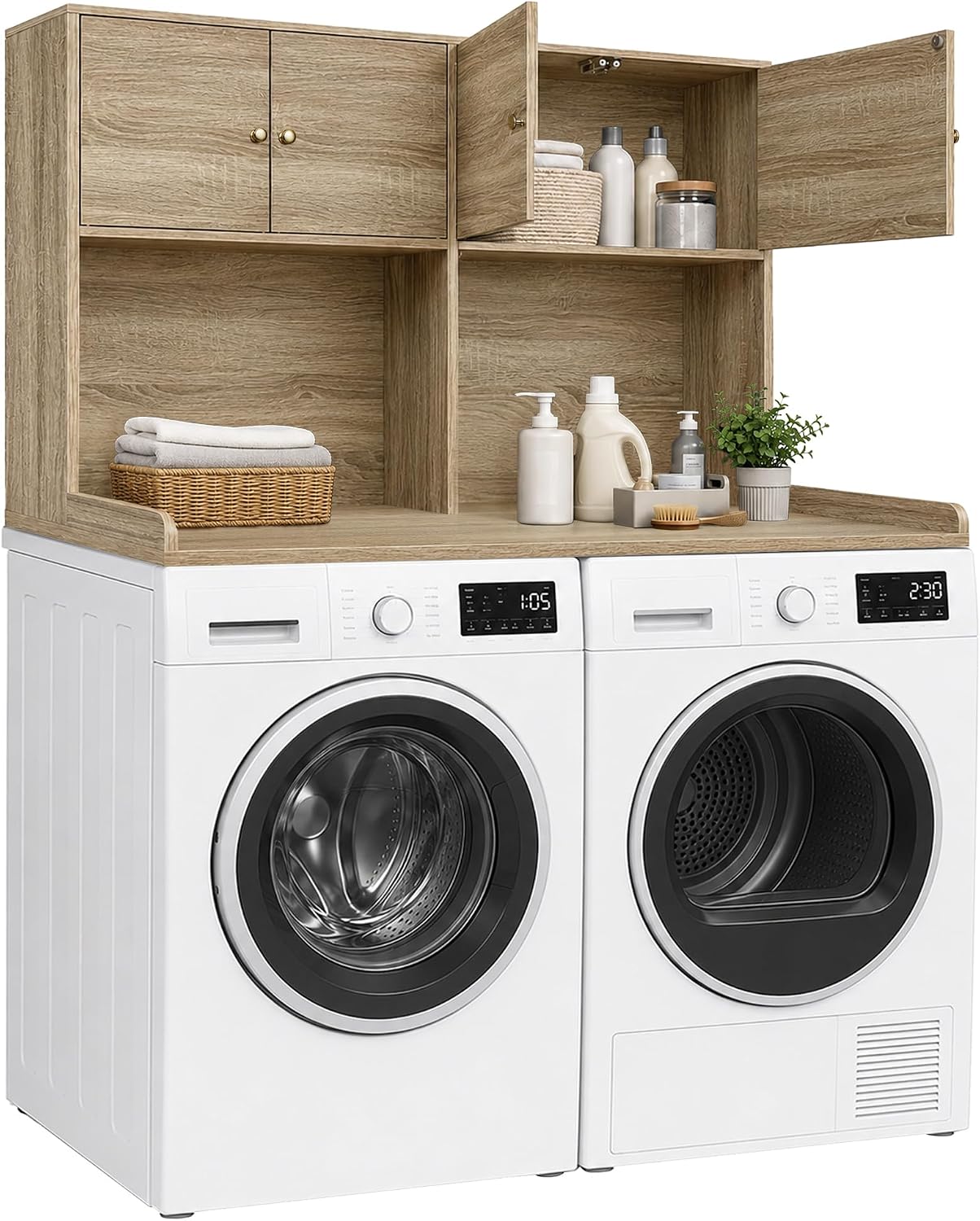 Washer Dryer Countertop with Cabinets, 2-Tier Laundry Countertop with Shelf | Washer and Dryer Topper with Edge, Over Washer and Dryer Shelves for Laundry Room, Universal Fit, 54.5"Wx27.5"Dx32.5"H
