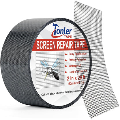 Gray Window Screen Repair Tape 2" x 40FT Fiberglass Strong Adhesive | Waterproof fiberglass mesh repair patch, fixes holes and tears, easy to cut and stick for window door screen repair
