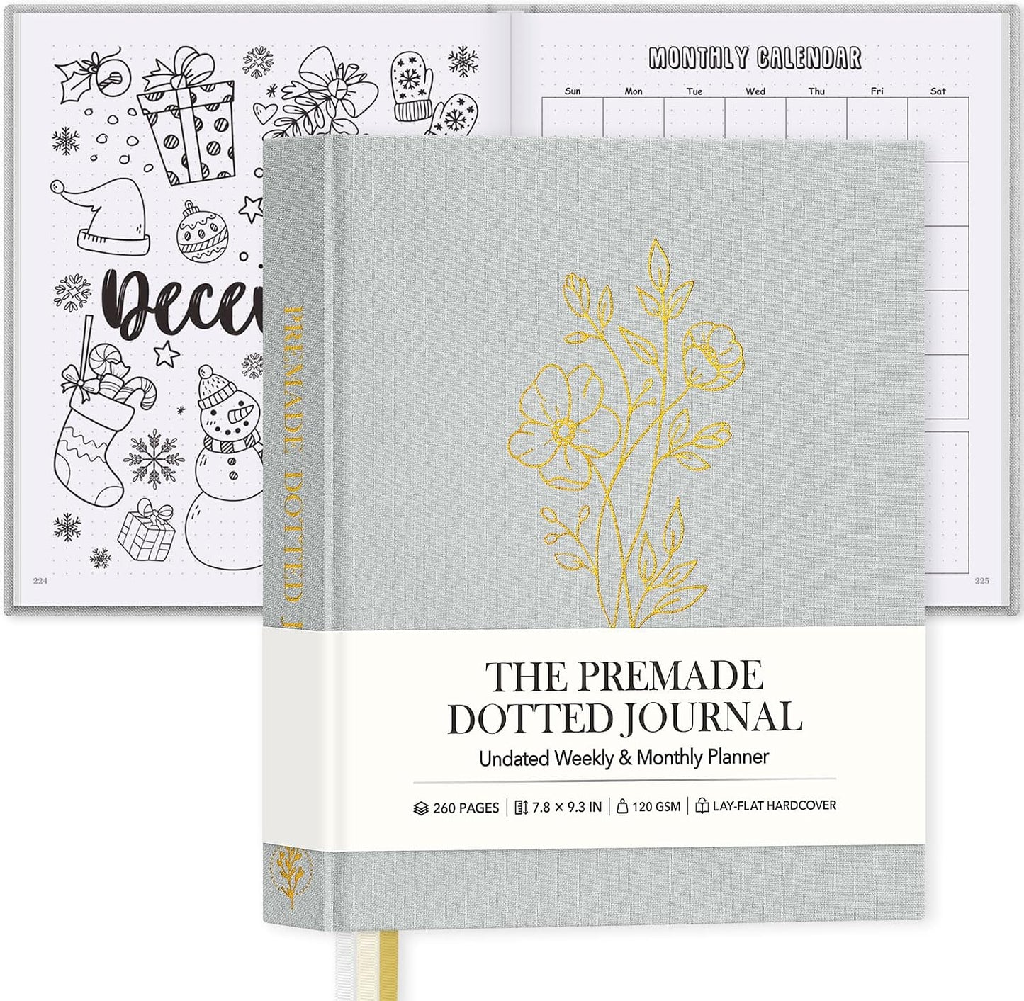 Everloria Premade Dotted Journal, 12 Months Pre-made Templates Bullet Notebook, 260 Hand-Drawn Coloring Pages, Undated Weekly & Monthly Planner, 7.8"x9.3" Linen Dot Grid Habit Mood Tracker, Sage Green