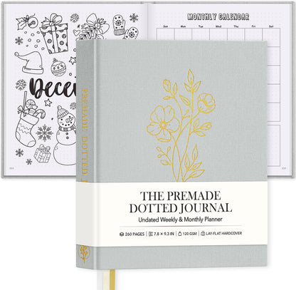 Everloria Premade Dotted Journal, 12 Months Pre-made Templates Bullet Notebook, 260 Hand-Drawn Coloring Pages, Undated Weekly & Monthly Planner, 7.8"x9.3" Linen Dot Grid Habit Mood Tracker, Sage Green