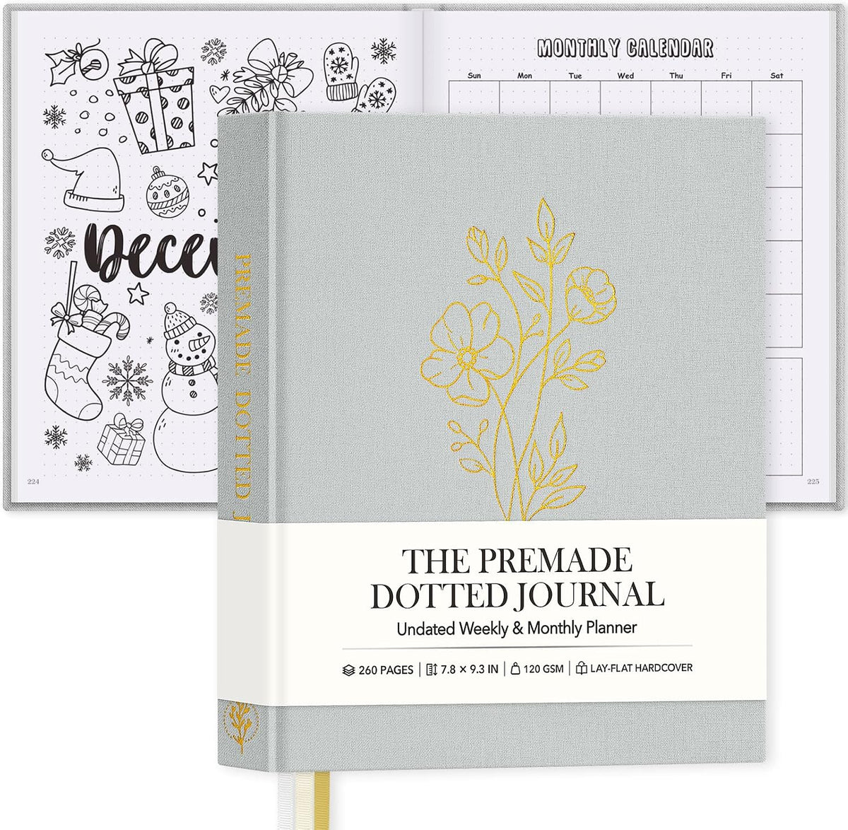Everloria Premade Dotted Journal, 12 Months Pre-made Templates Bullet Notebook, 260 Hand-Drawn Coloring Pages, Undated Weekly & Monthly Planner, 7.8"x9.3" Linen Dot Grid Habit Mood Tracker, Sage Green