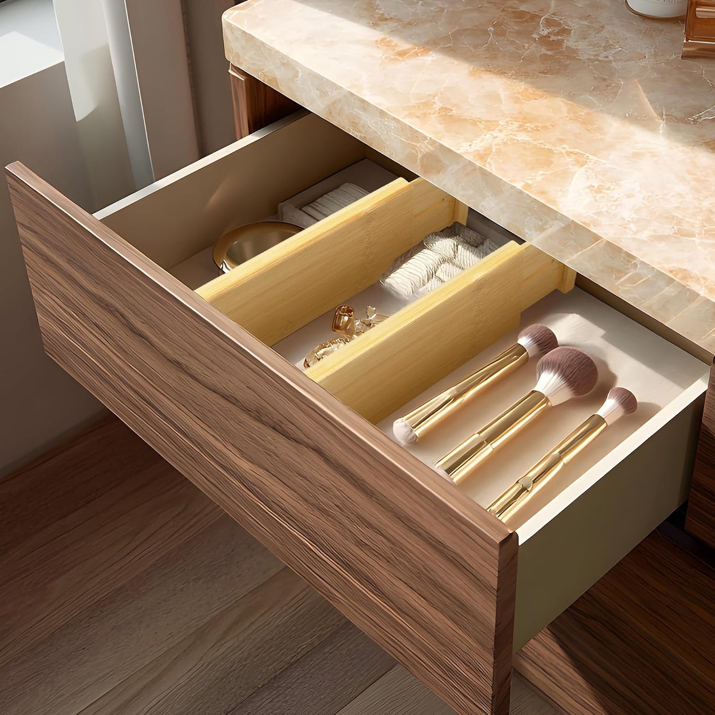 VaeFae 6-Pack Adjustable Bamboo Drawer Dividers, Expandable Drawer Organizer for Kitchen Utensils, Clothes, Bathroom, Office – Fits Drawer Interiors 16.6" to 21.8"