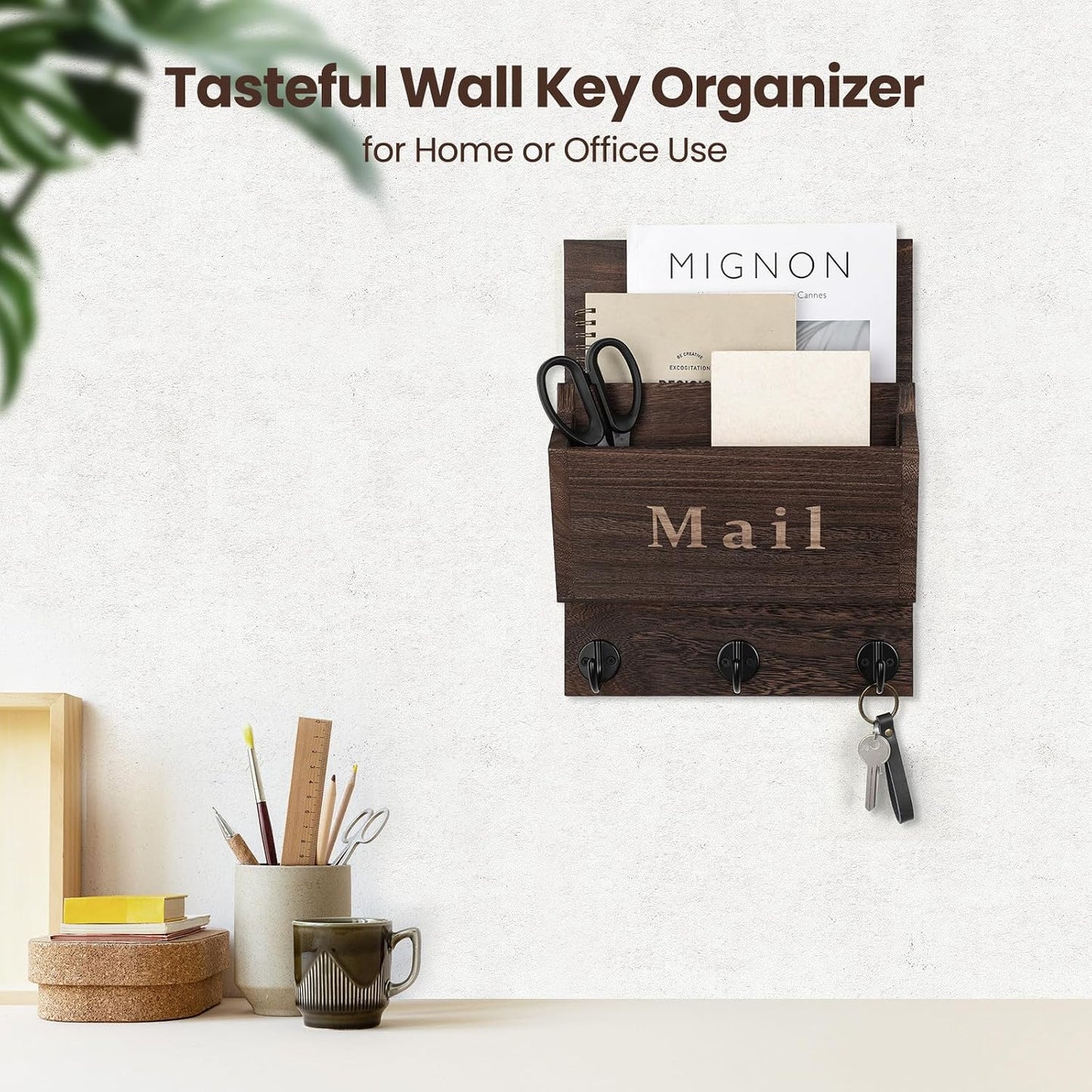 Mail and Key Holder, Wall Key Holder with 2 Mail Organizer Slot and 3 Hooks | Decorative 8.86" x 11.42" Mail Holder, Real Paulownia Wood with Keyhole Brackets, Hardware and Instructions