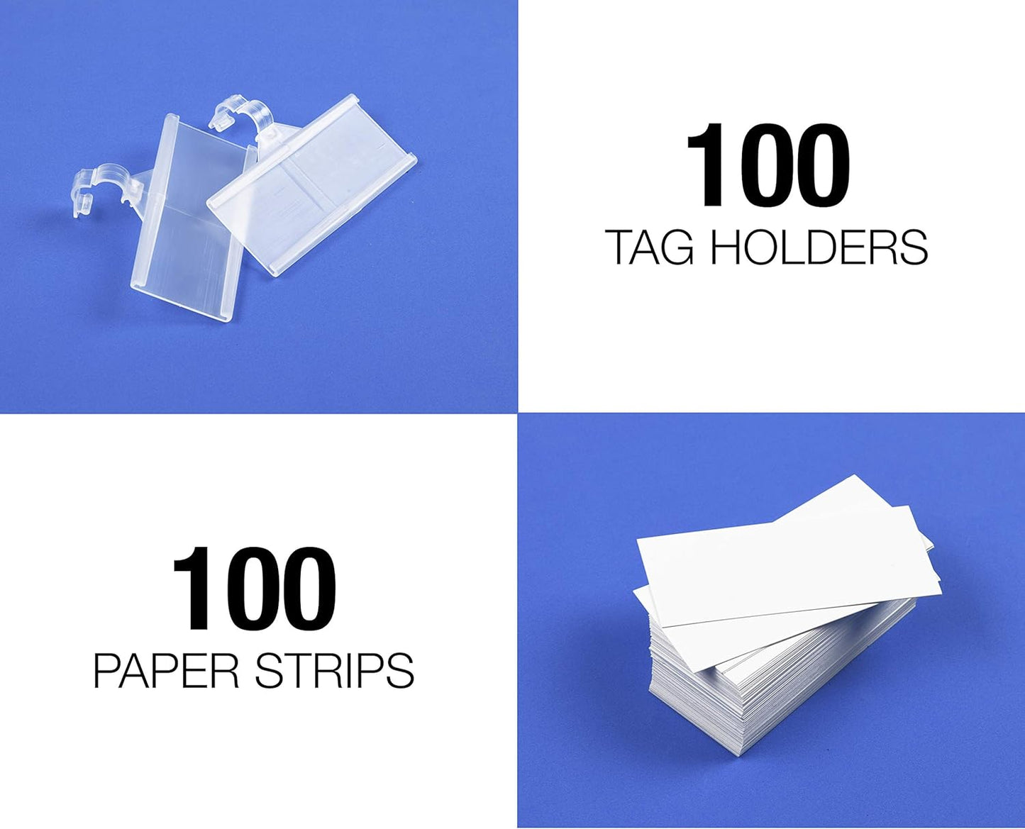 Pack of 100 - Plastic Wire Shelf Label Holder, Sign and Ticket Holder, Easy Clip Design with Tight Snap Lock Closure. Height, 1-1/4" X Width, 3" | "100 Label Inserts Included"