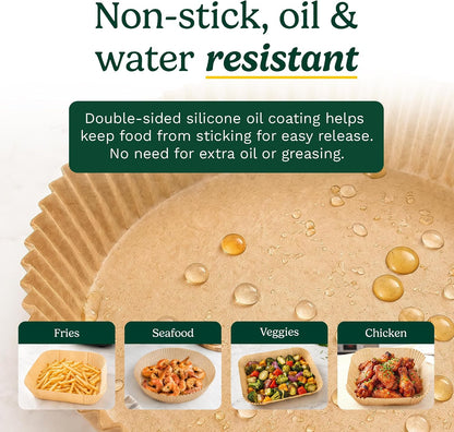 Cuisinart Air Fryer Liners Disposable, 150 Pack, 7.75" Square | Food-grade unbleached silicone-coated parchment for air fryer basket, non-stick to 428F, traps grease, oven & microwave safe