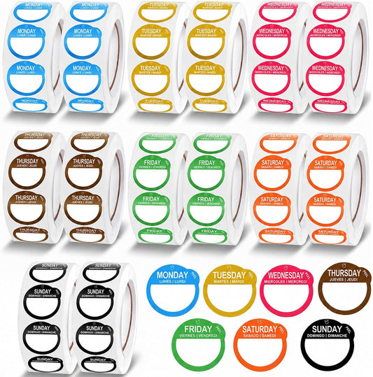 14 Roll 7000 Pcs Day of The Week Labels Food Labels Monday Through Sunday Management Inventory Stickers Removable Weekly Self Adhesive Date Dot Stickers for Restaurant Kitchen Containers Dispenser