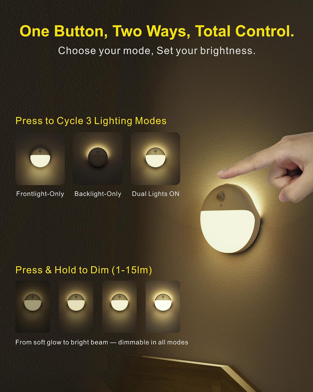 Small Motion Sensor Amber Night Light Battery Operated, Toilet Light | 2 Pack, 3 Modes, Dimmable 1-15lm, Dim Light Soft Glow, No Plug, Wireless Stick on Light for Bedroom, Sleep, Bathroom, Kids