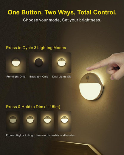 Small Motion Sensor Amber Night Light Battery Operated, Toilet Light | 2 Pack, 3 Modes, Dimmable 1-15lm, Dim Light Soft Glow, No Plug, Wireless Stick on Light for Bedroom, Sleep, Bathroom, Kids