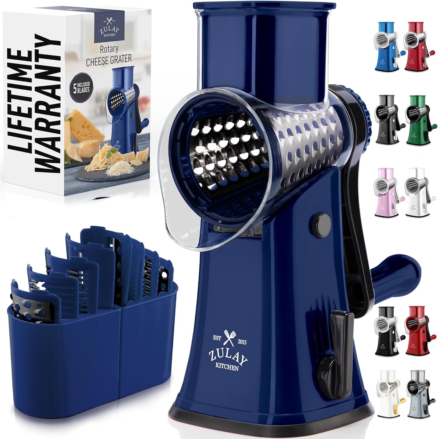 Zulay Kitchen Rotary Cheese Grater 5 Blade Cheese Shredder - Manual Hand Crank Cheese Grater With Reinforced Suction & 5 Interchangeable Drums - Easy to Use, Vegetable Chopper Round Mandoline Slicer - Colors A