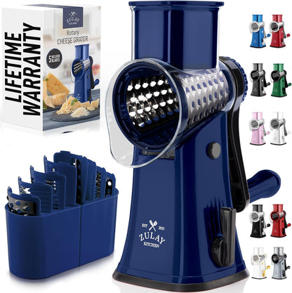 Zulay Kitchen Rotary Cheese Grater 5 Blade Cheese Shredder - Manual Hand Crank Cheese Grater With Reinforced Suction & 5 Interchangeable Drums - Easy to Use, Vegetable Chopper Round Mandoline Slicer - Colors A