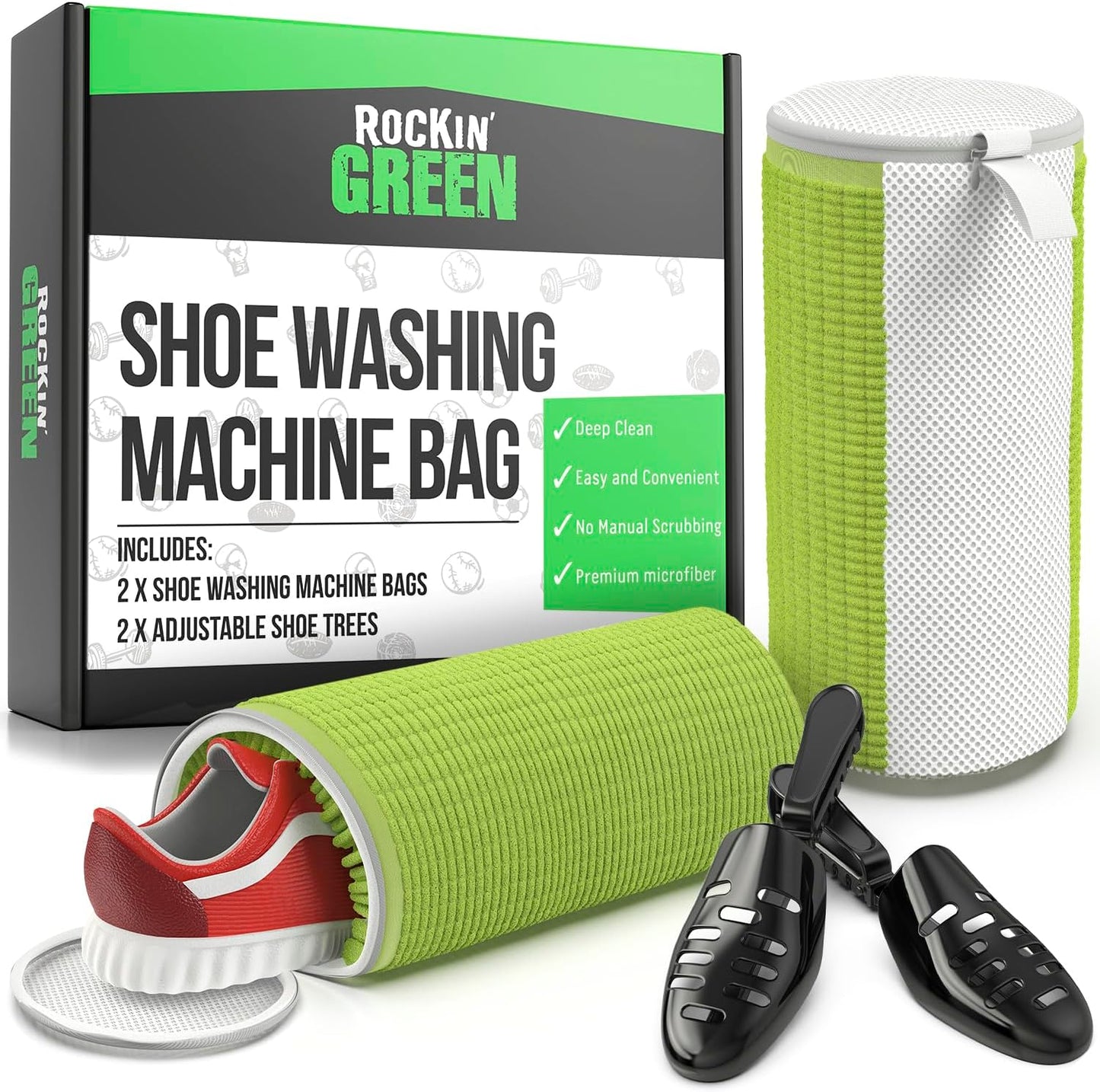 Rockin' Green Shoe Washing Machine Bag Deep Clean 1 Pack | 360° Deep Clean, Reusable, with Cleaning Fibers and Zipper, Shoe Washing Machine Bag, Sneaker Cleaning Kit