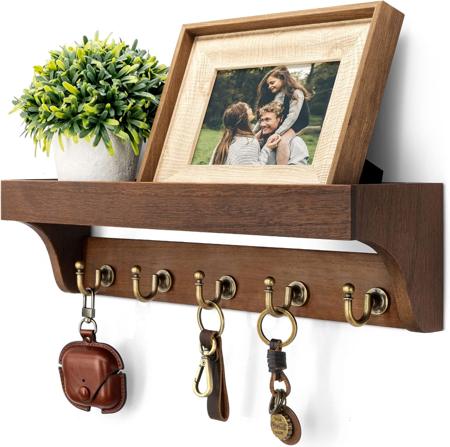 Rebee Vision Key Holder Wall Mount with 5 Hooks for Entryway, Retro Brown | Display Shelf for Plant & Letters, Key Shelf for Hats, Dog Leashes, Mail Organizer, Decorative Entryway & Living Room