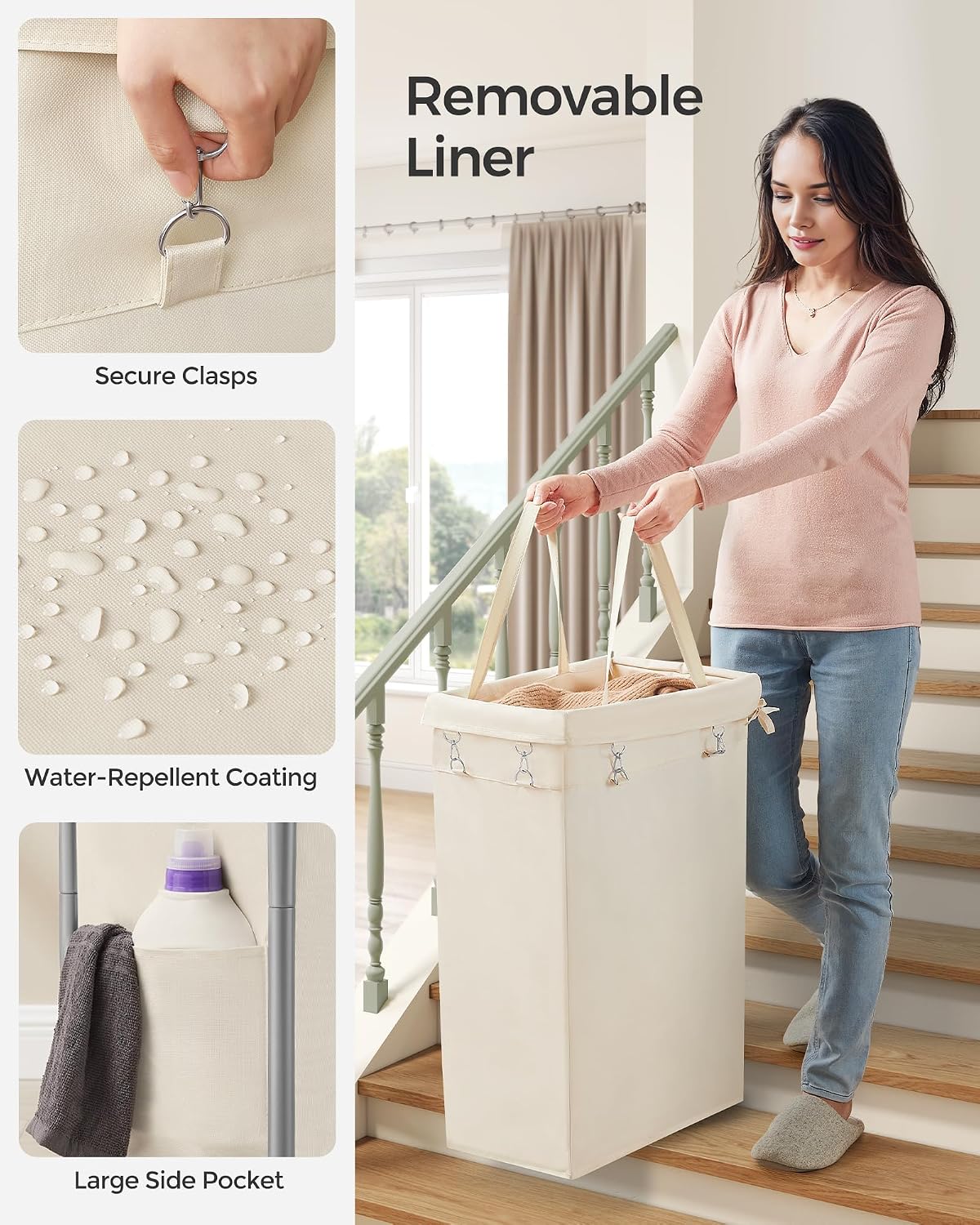 SONGMICS Laundry Basket with Wheels, 4-Section Rolling Laundry Hamper, 68.6 Gallons (260 L), Removable Liner, Steel Frame with Handle, 43.3 x 15.4 x 31.9 Inches, Cream White URLS014W01
