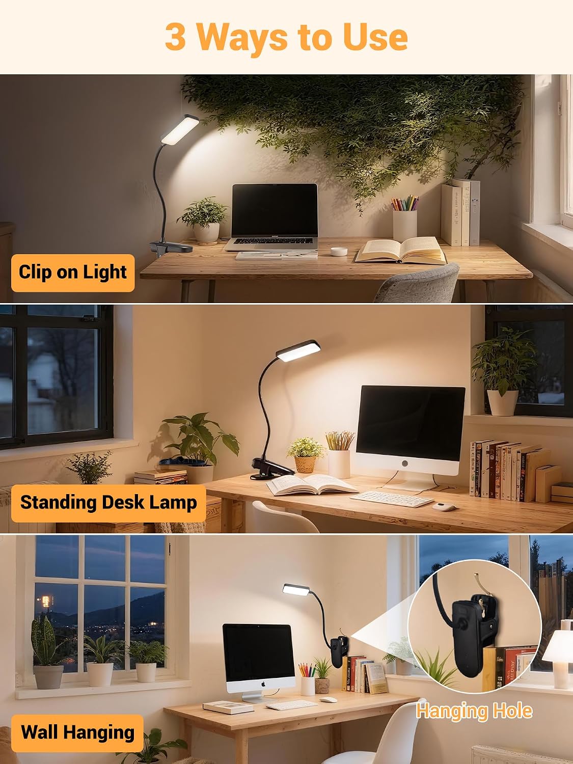 Clip on Light,45 Lighting Modes Rechargeable Desk Lamp with Clamp | 4000mAh Battery Operated Lamp,450 lm 48 LED Desk Light,Wireless & Cordless Reading Light for Bed/Bedside Table/Headboard/Dorm