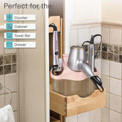 Polder Style Station, Tool Organizer for Hair Dryer, Curling Iron, and Straightener, Easy-to-Store Hair Styling Station, White and Silver