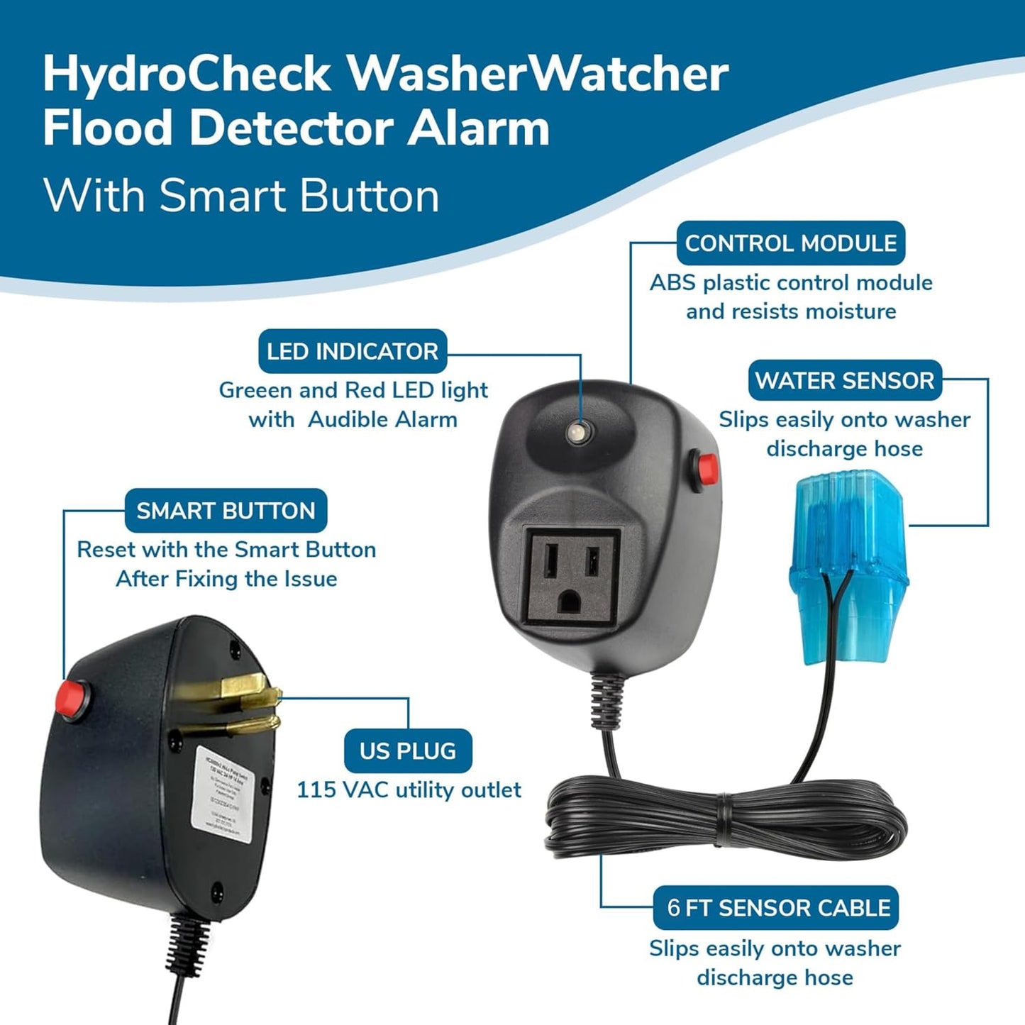 Water Sensor Alarm, Smart Water Leak Detector for Home & Basements | Made in THE USA | Automatic Flood Detectors and Water Alarm, Pure Water Capable (WaterWatcher)