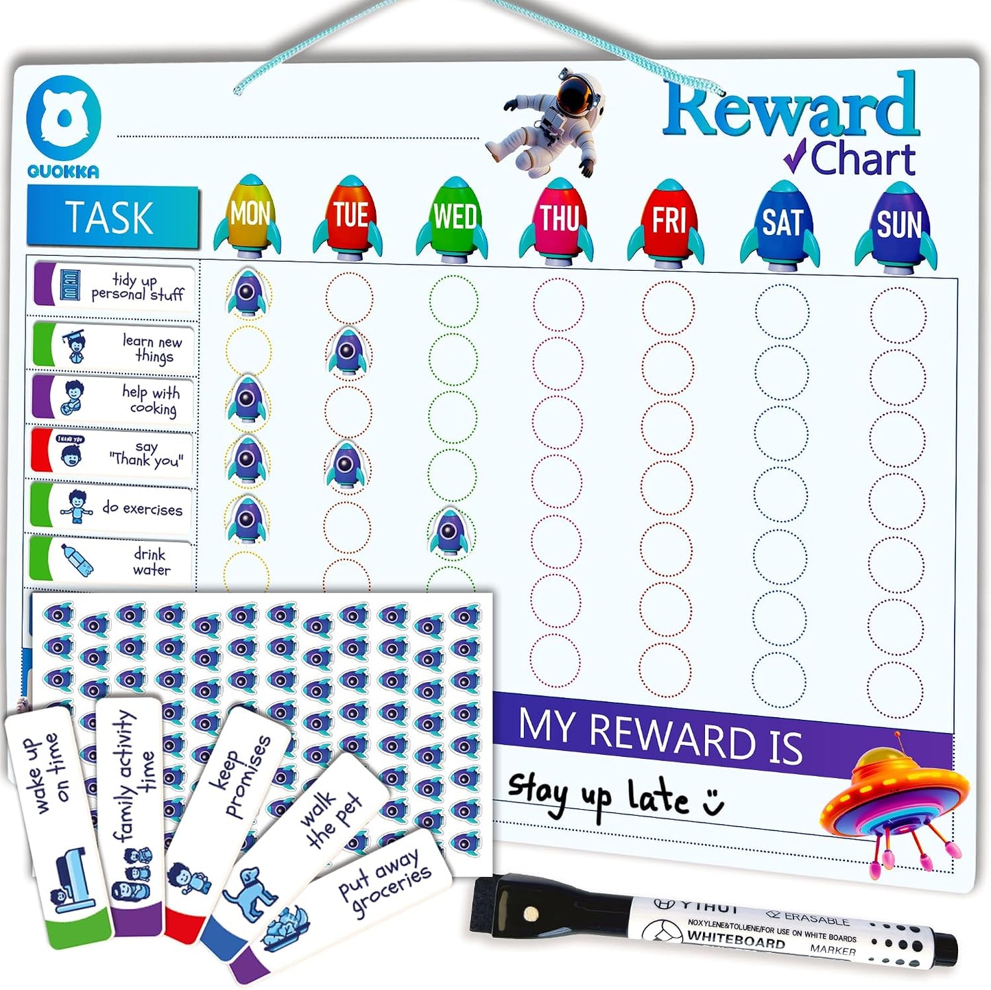 Magnetic Chore Chart for Kids - Reward Behavior Chart for Kids at Home | Dry Erase Morning Routine Schedule Board - Responsibility Star Chart for Toddlers 3-5 - 48 Magnets and 49 Stars