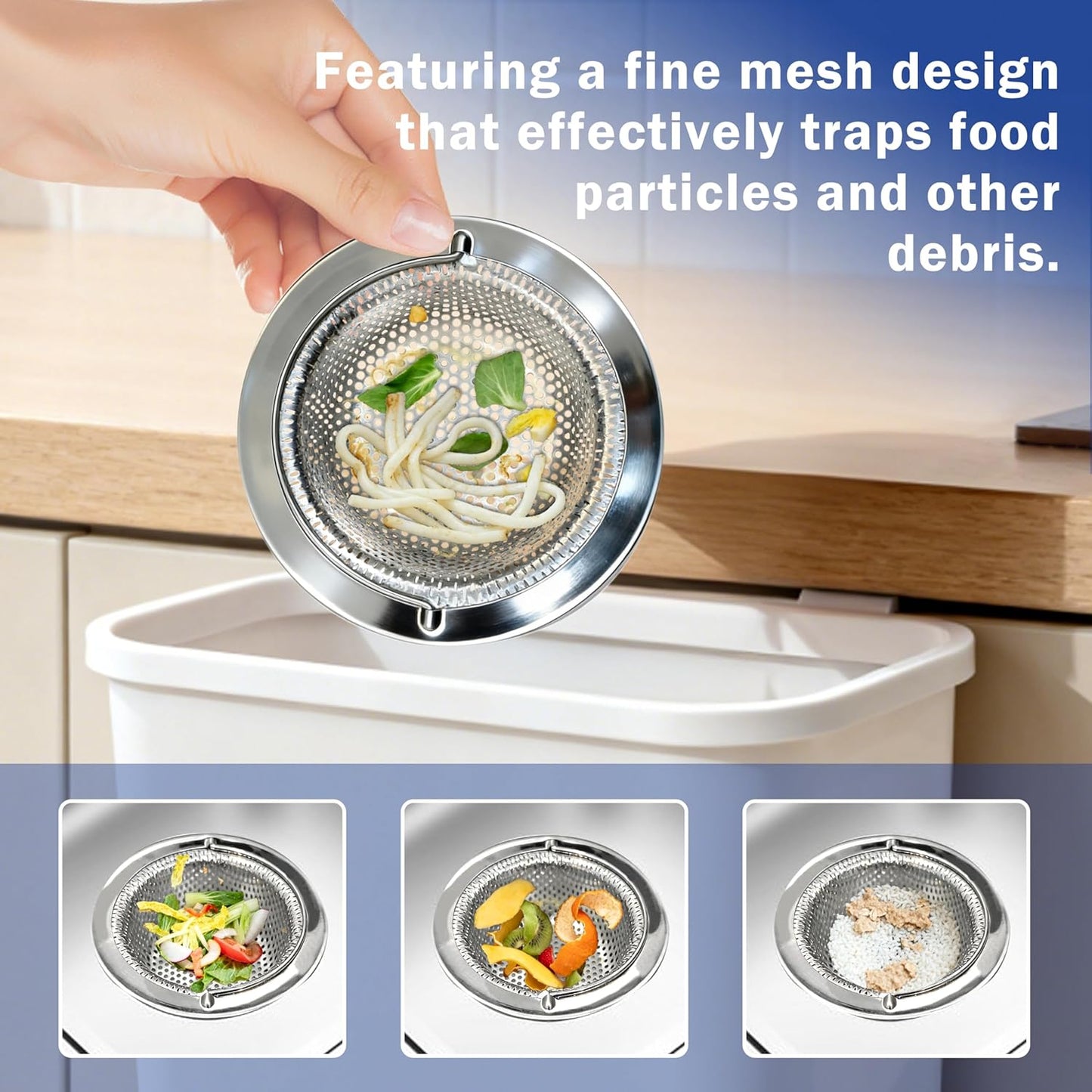 2 Pack Kitchen Sink Drain Strainer with Handle, Universal Stainless Steel Food Catcher Basket, Rust Free, Fits Most Kitchen Sinks