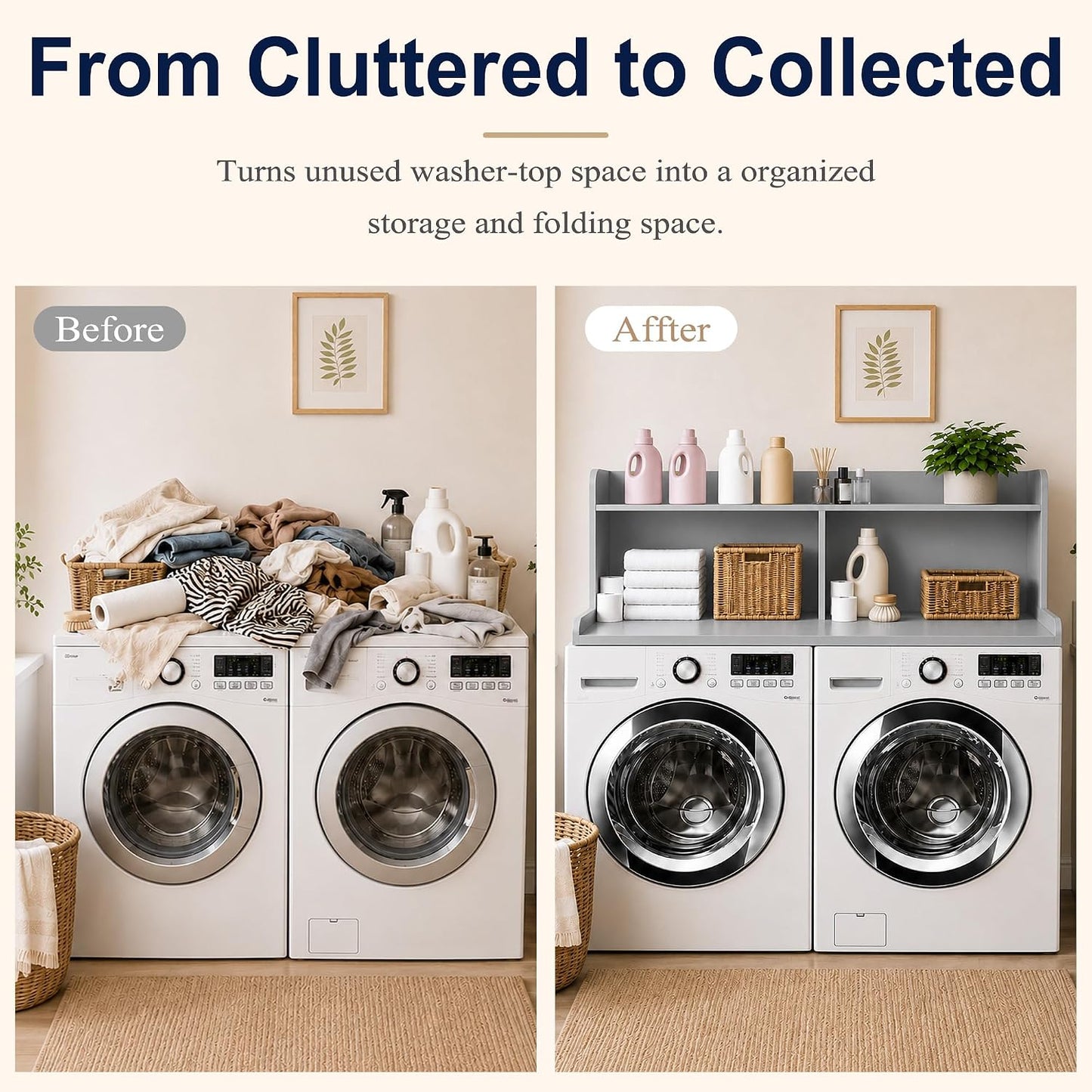 Royxen Washer Dryer Countertop with Extra Tall Shelf, 19" Height Washer and Dryer Topper, Laundry Countertop with Non-Slip Pads, Universal Fit for Laundry Room Organization, Walnut
