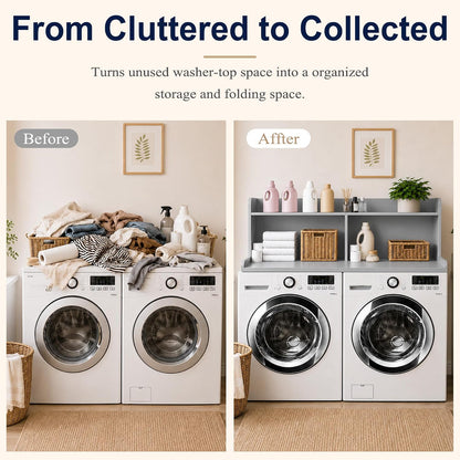 Royxen Washer Dryer Countertop with Extra Tall Shelf, 19" Height Washer and Dryer Topper, Laundry Countertop with Non-Slip Pads, Universal Fit for Laundry Room Organization, Walnut