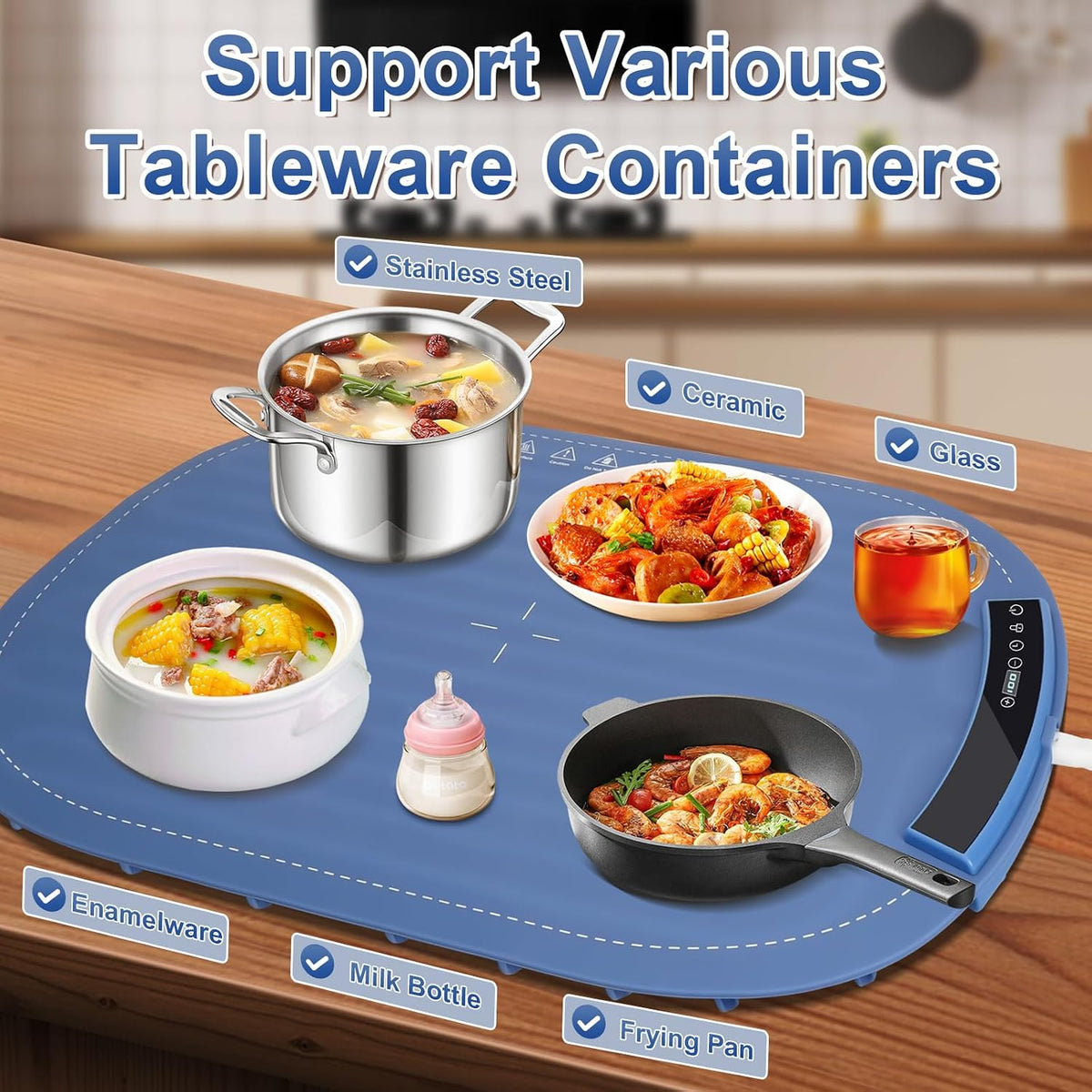 Food Warming Mats for Countertop - Warming Trays for Buffets Party, Silicone Electric Warmer with 7 Level Temp Adjustable / 4H Auto Timer, Hot Fast in 8s, Roll Up Heating Pad for Home Travel (Blue)