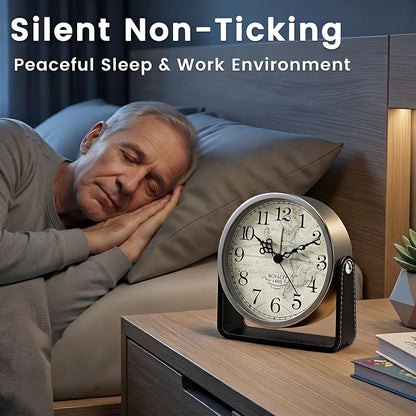 Analog Alarm Clock - 4.5" Silent Non Ticking Small Clock with Light, Rotatable Stand Metal Desk Clock Battery Operated, Simple Design for Living Room Decor/ Bedroom/Bedside/Shelf (Black & White)