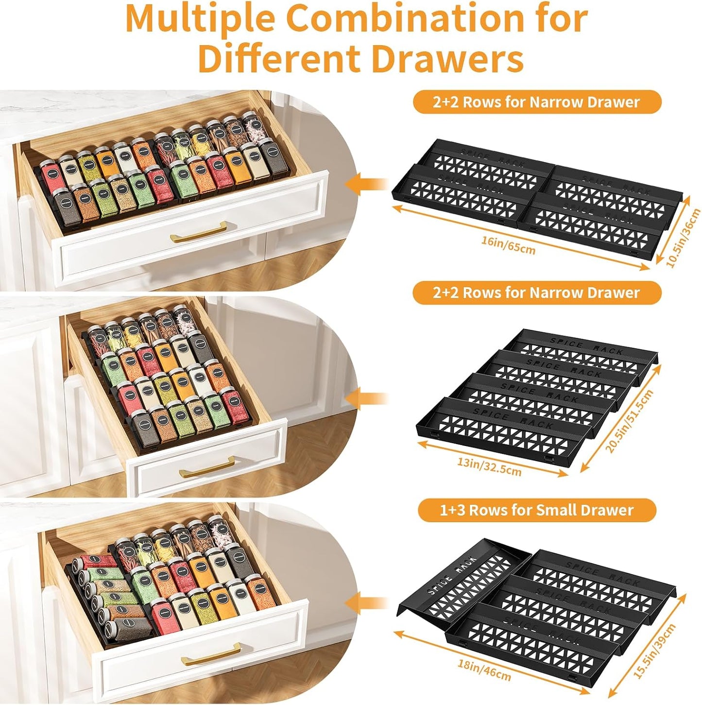 RCHYFEED 4 Pack Spice Drawer Organizer (Need 3.5" Deep Drawer) | Non-Slip Drawer Spice Rack Free Combination, Adjustable Spice Rack Drawer Insert, Spice Organization for Drawer