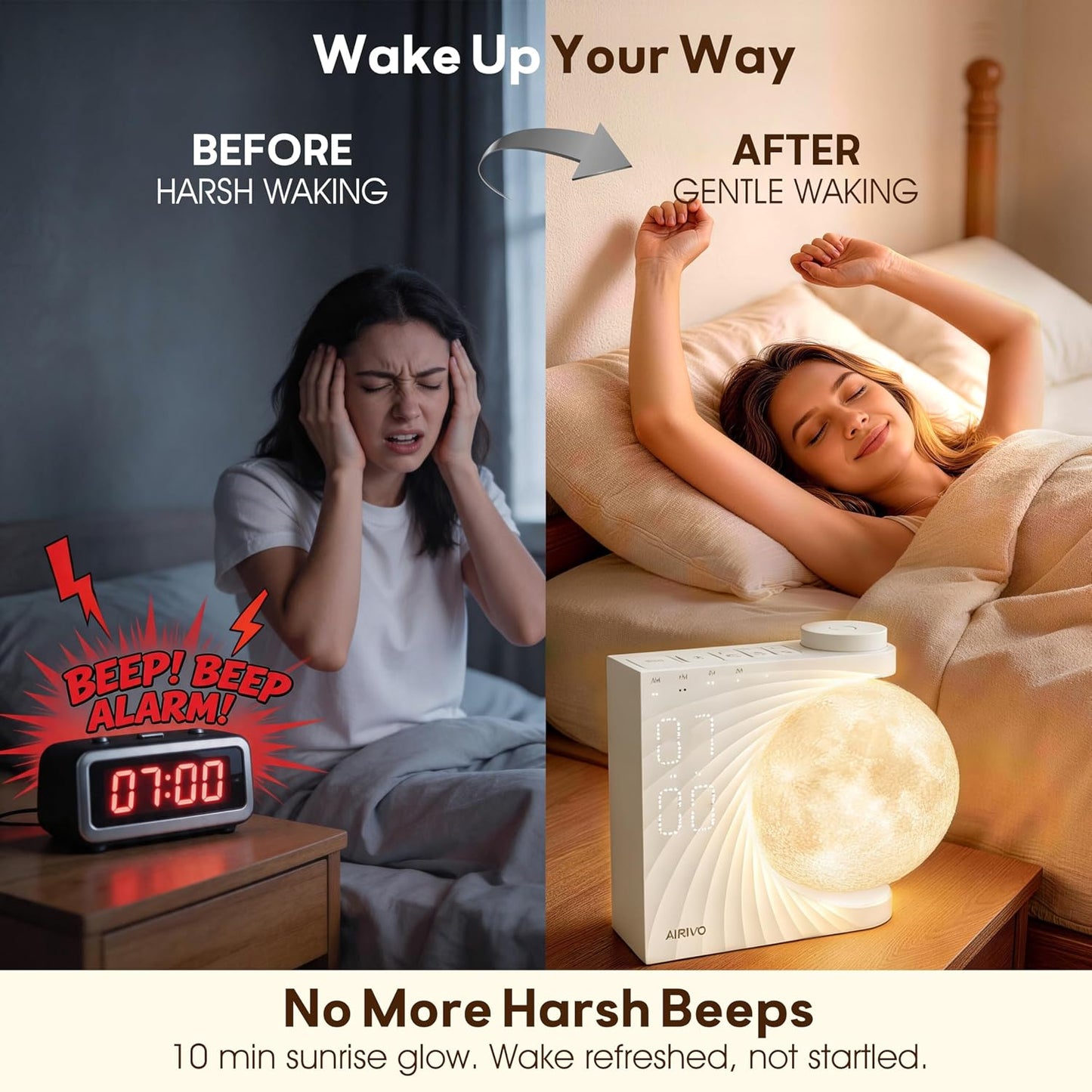 AIRIVO Alarm Clock for Bedrooms, Sunrise Alarm Clock Wake Up Light for Kids Teens, White Noise Sound Machine, Moon Light Dual Alarms for Heavy Sleepers, Night Light Clock for Preppy Room Decor