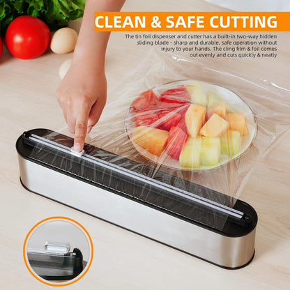 Aluminum Foil & Plastic Wrap Dispenser with Cutter - Magnetic & No-Drill Wall Mount, Stainless Steel Design, Space-Saving Kitchen organizer for Countertops & Cabinets - Fits 12" Rolls, Silver