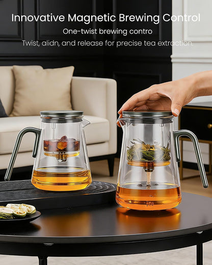 ZENS Magnetic Glass Infuser Teapot for Loose Tea, 27oz Walnut Wood Handle | Magic Teapot with Infuser, Echanted Tea Maker, Mess-Free Loose Leaf Tea Diffusers for Tea lover Gifts