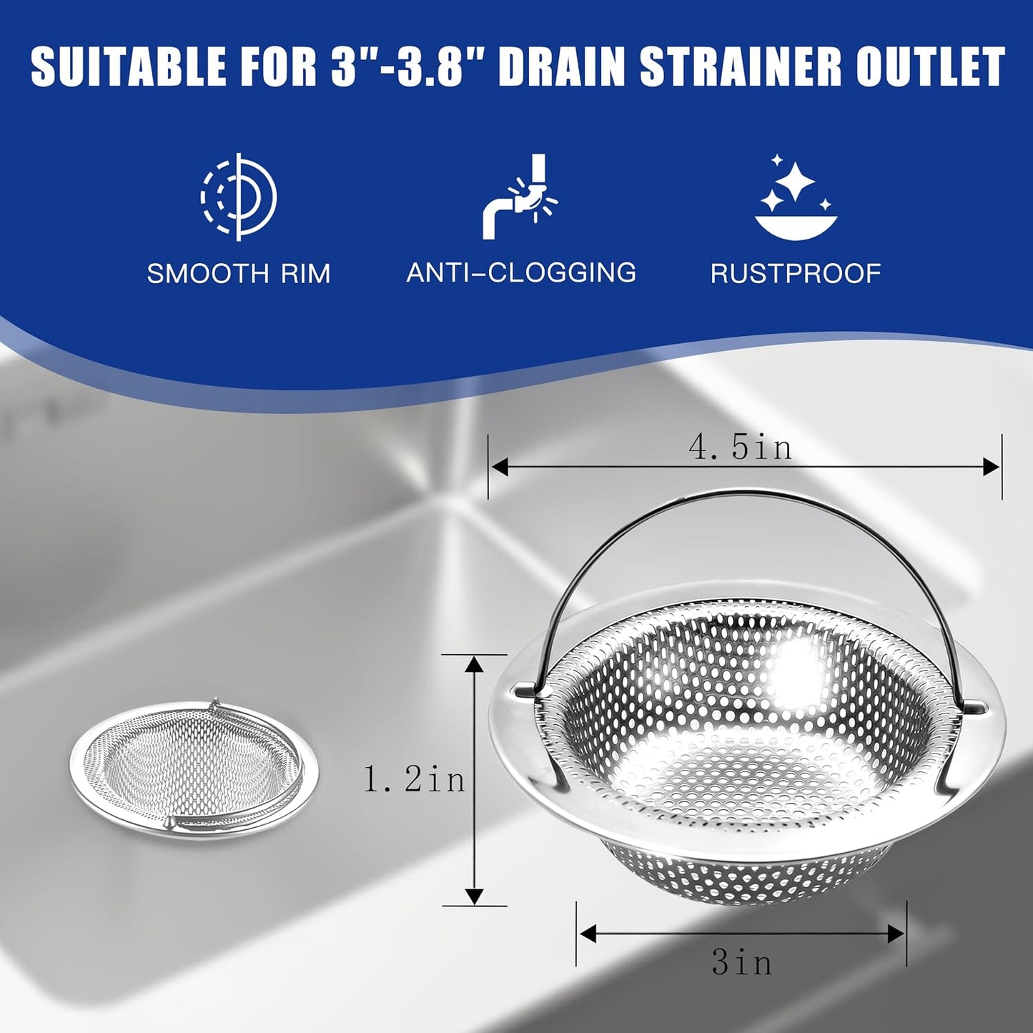 2 Pack Kitchen Sink Drain Strainer with Handle, Universal Stainless Steel Food Catcher Basket, Rust Free, Fits Most Kitchen Sinks