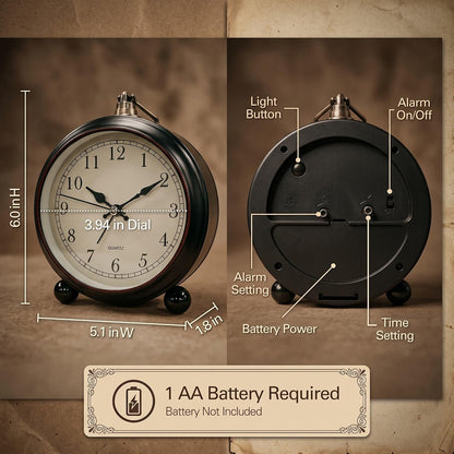 TooTa Vintage Retro Analog Alarm Clock, 4.5 inch Super Silent Non Ticking Small Clock with Night Light, Battery Operated, Simply Design, for Living Room, Bedroom, Bedside, Desk, Gift Clock (Arabic)