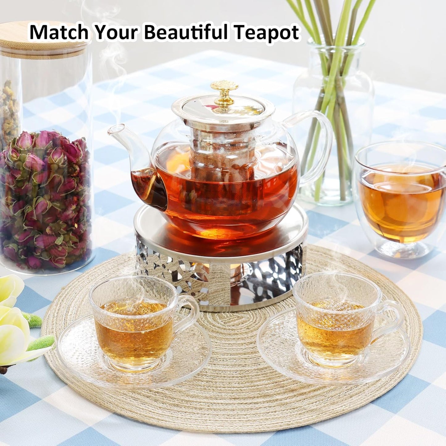 Tea Warmer Petals Silhouette, Silver Brushed Stainless Steel | Teapot Warmer Includes 1 Tealight Holder