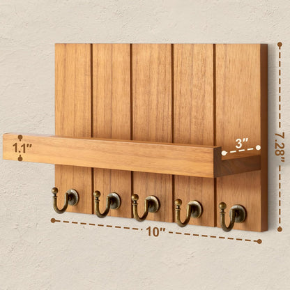 Rebee Vision Key Holder Wall Mount with 5 Key Hooks for Home Decor, Brown | 3.54'' x 10'' x 7.28'', Small Shelf for Display Plant, Key Hangers for Hat, Entryway Space-Saving Storage