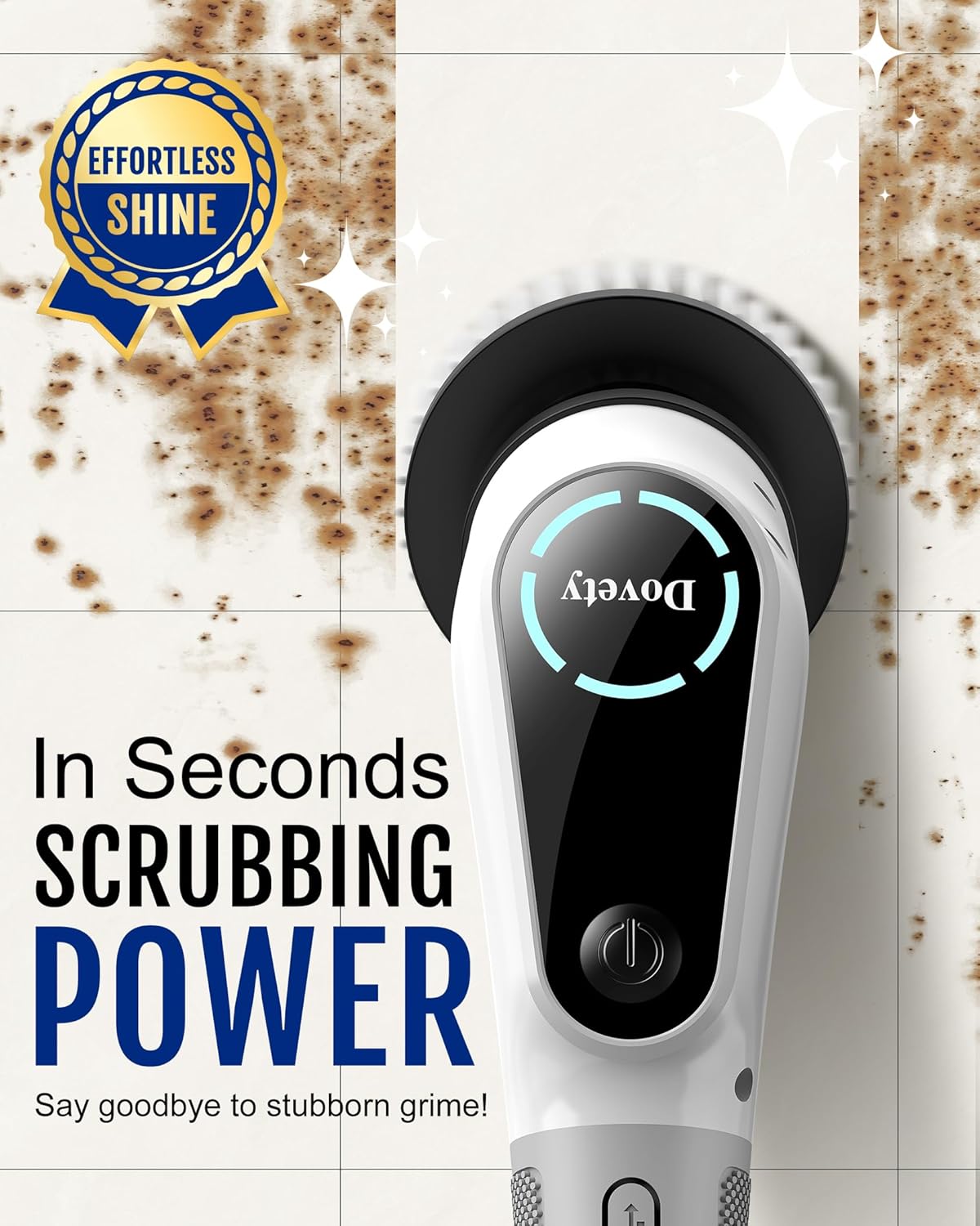 Dovety Electric Spin Scrubber, Extendable Handle, 8 Brush Heads-WH | 90-minute long runtime, Type-C fast charging, multi-scene cleaning tool for shower, bathtub, tile and bathroom scrubbing