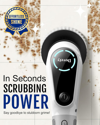 Dovety Electric Spin Scrubber, Extendable Handle, 8 Brush Heads-WH | 90-minute long runtime, Type-C fast charging, multi-scene cleaning tool for shower, bathtub, tile and bathroom scrubbing