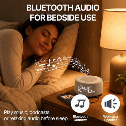 White Noise Alarm Clock for Bedroom, Night Light, Bluetooth Audio | Sleep sounds, Bluetooth speaker, ambient night light, dimmable display, adjustable alarm volume, bedside routine for adults