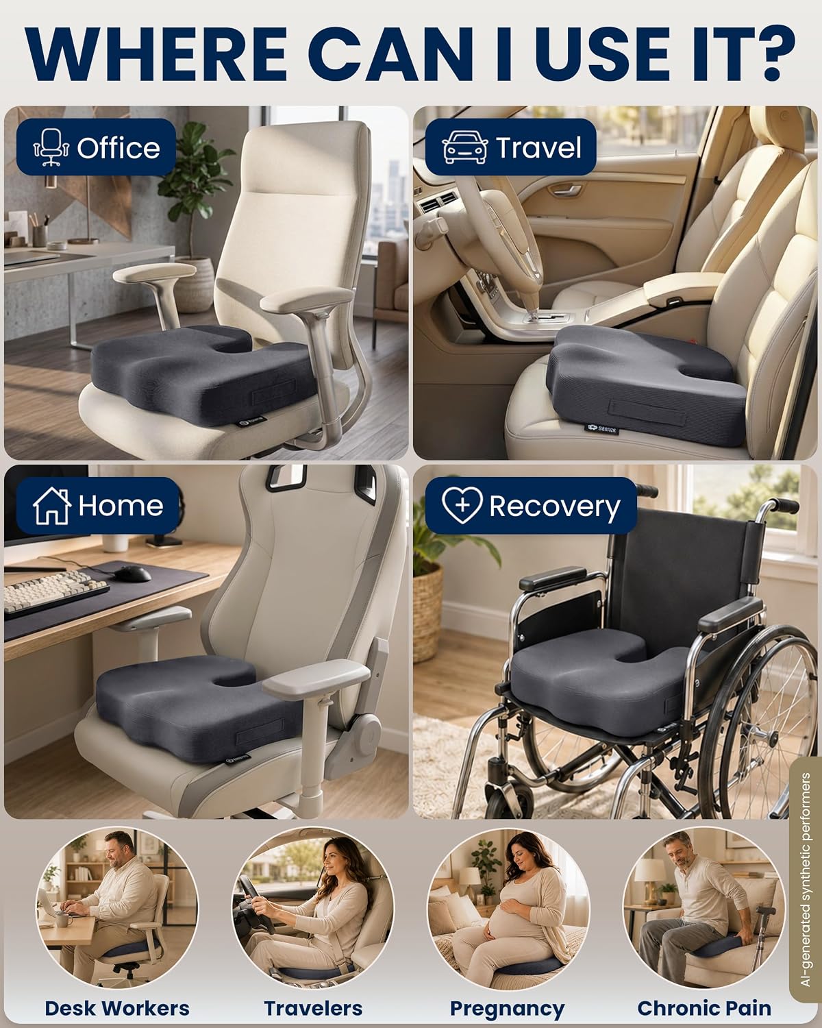 5 STARS UNITED Seat Cushion - Memory Foam Chair Cushion for Tailbone Pain Relief - Ergonomic Support for Coccyx, Sciatica & Butt - Office, Desk & Gaming Chair, Car Seat, Wheelchair, Airplane, Black