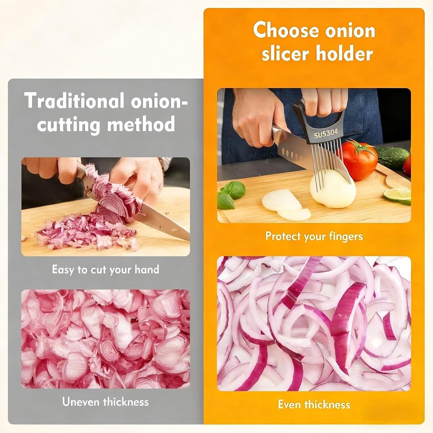 304 Stainless Steel Onion Holder & Slicer - Multi-Fruit Vegetable Fixing Tool with Sharp Prongs for Tomato, Lemon, Avocado - Safe Kitchen Gadget