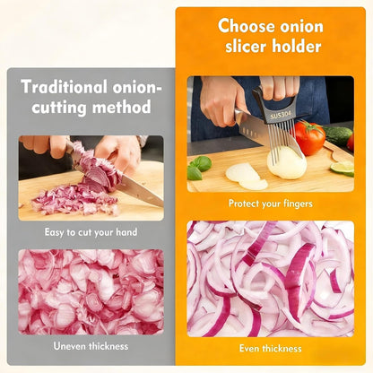 304 Stainless Steel Onion Holder & Slicer - Multi-Fruit Vegetable Fixing Tool with Sharp Prongs for Tomato, Lemon, Avocado - Safe Kitchen Gadget