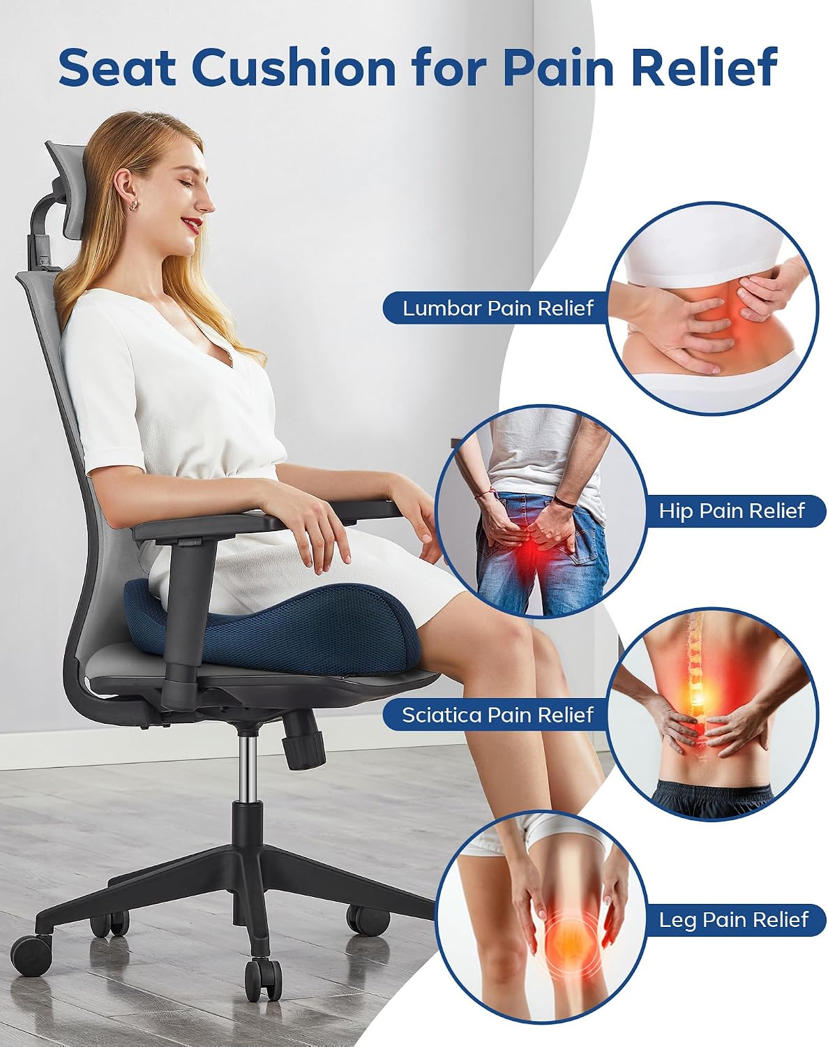 Seat Cushion for Office Chair - Memory Foam Tailbone Cushion | for Desk Chair, Car Seat and Wheelchair - Ergonomic Chair Pad for Hip and Lower Back Comfort - Washable Mesh Cover