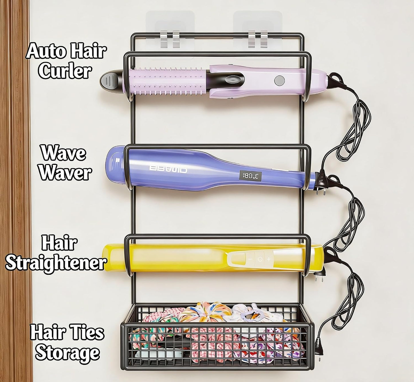 4-Tier Metal Hair Tool Organizer, No Drill Wall-Mounted Storage Rack - Heat Resistant Holder for Curling Iron, Hair Dryer, Straightener, Styling Tools (White/Black)