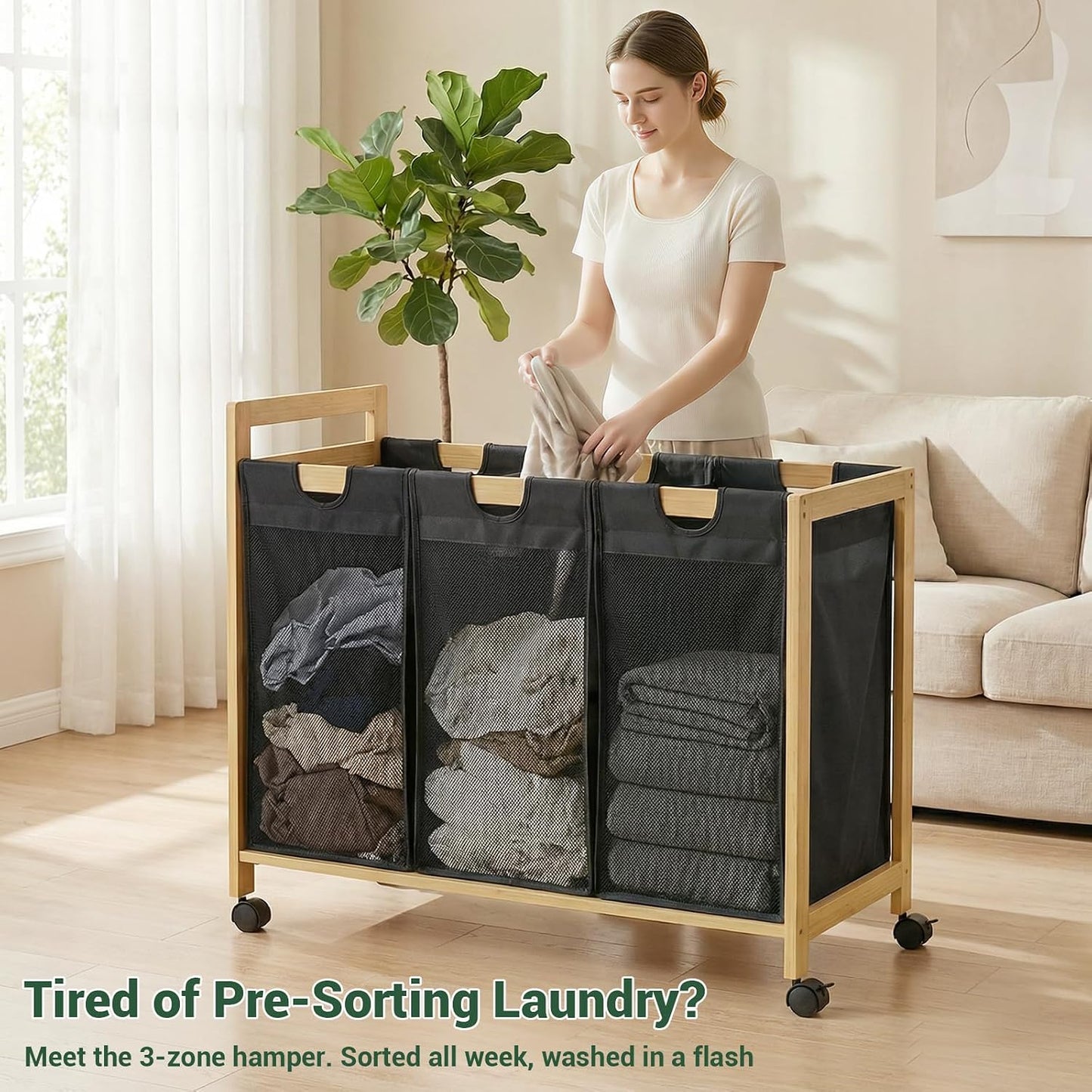 250L Laundry Sorter with Wheels, 3-Section Laundry Hamper, Black | 66 Gal Large Laundry Cart with Removable Bags, Rolling Laundry Basket, Water-Resistant, Bamboo Frame, Laundry Room Organizer