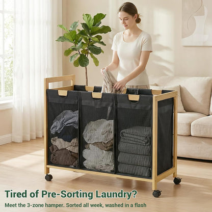 250L Laundry Sorter with Wheels, 3-Section Laundry Hamper, Black | 66 Gal Large Laundry Cart with Removable Bags, Rolling Laundry Basket, Water-Resistant, Bamboo Frame, Laundry Room Organizer
