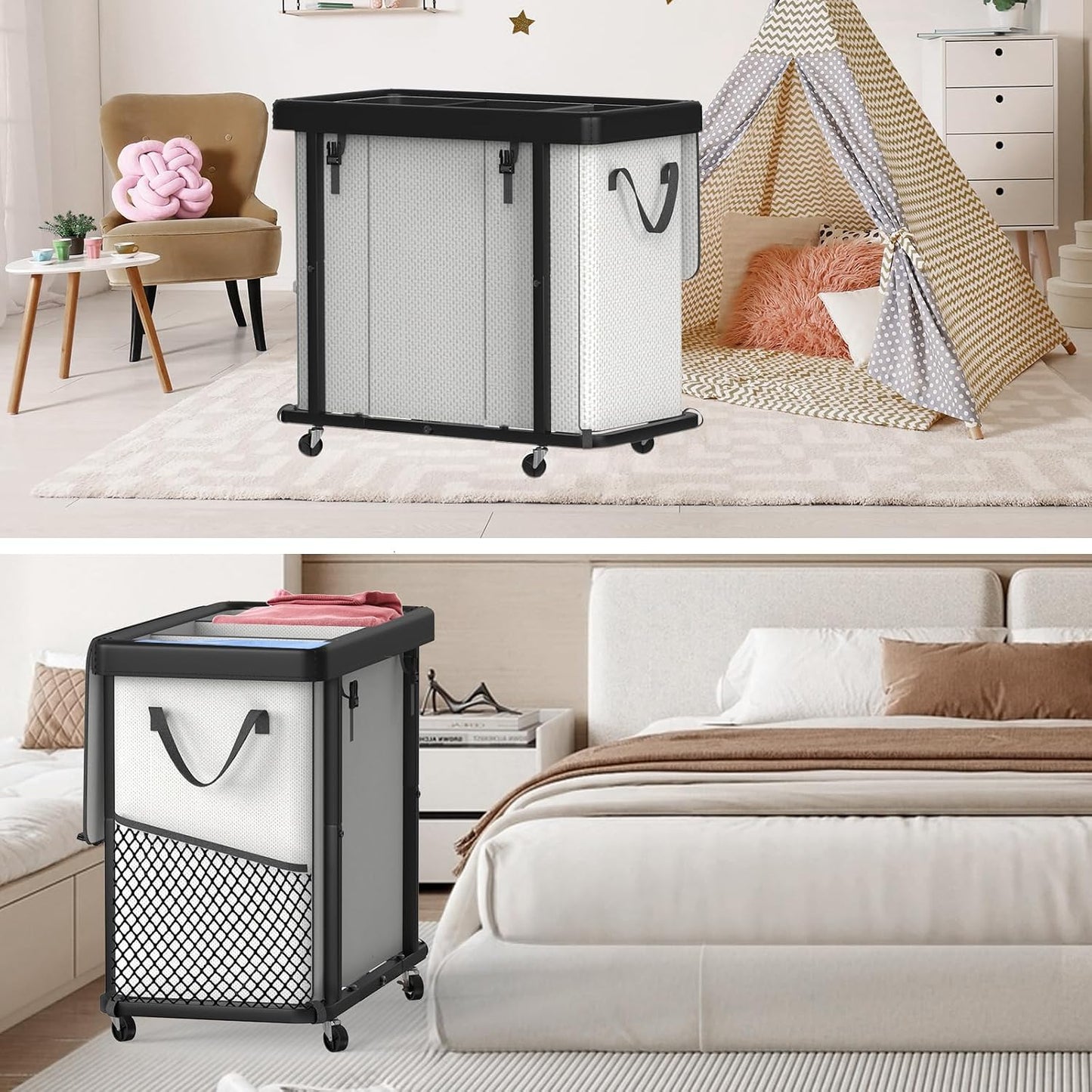 Laundry Hamper with Wheels,150L Leather Patchwork Clothes Hamper Black | Rolling Laundry Basket with Sturdy Metal Frame, Removable Washable Bag,Tall Clothes Sorter for Bedroom, Laundry Room, Dorm