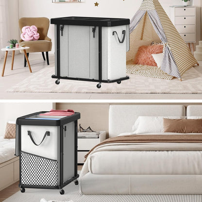 Laundry Hamper with Wheels,150L Leather Patchwork Clothes Hamper Black | Rolling Laundry Basket with Sturdy Metal Frame, Removable Washable Bag,Tall Clothes Sorter for Bedroom, Laundry Room, Dorm
