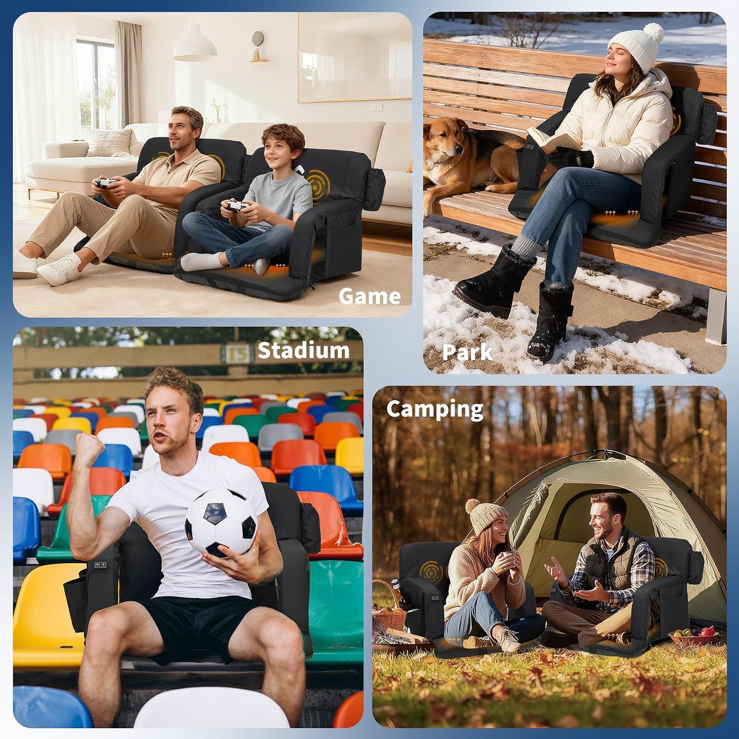 25Inch Massage & Heated Stadium Seats with Back Support and Padded Cushion - 3 Level Heating & Massage Extra Wide Bleacher Chair with Anti-Slip Mat - Football Seats, 6 Adjustable Angle, Pockets