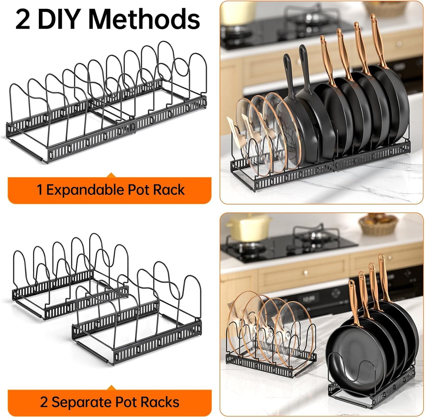 MUDEELA Expandable Pot Pan Lid Organizers inside Cabinet, 10 Divider-Black | Expandable 11.8–22.9", 10 Adjustable Divider, Tool-Free Assembly, Non-Slip, Scratch-Proof, For Pan Lid Cutting Board Bakeware